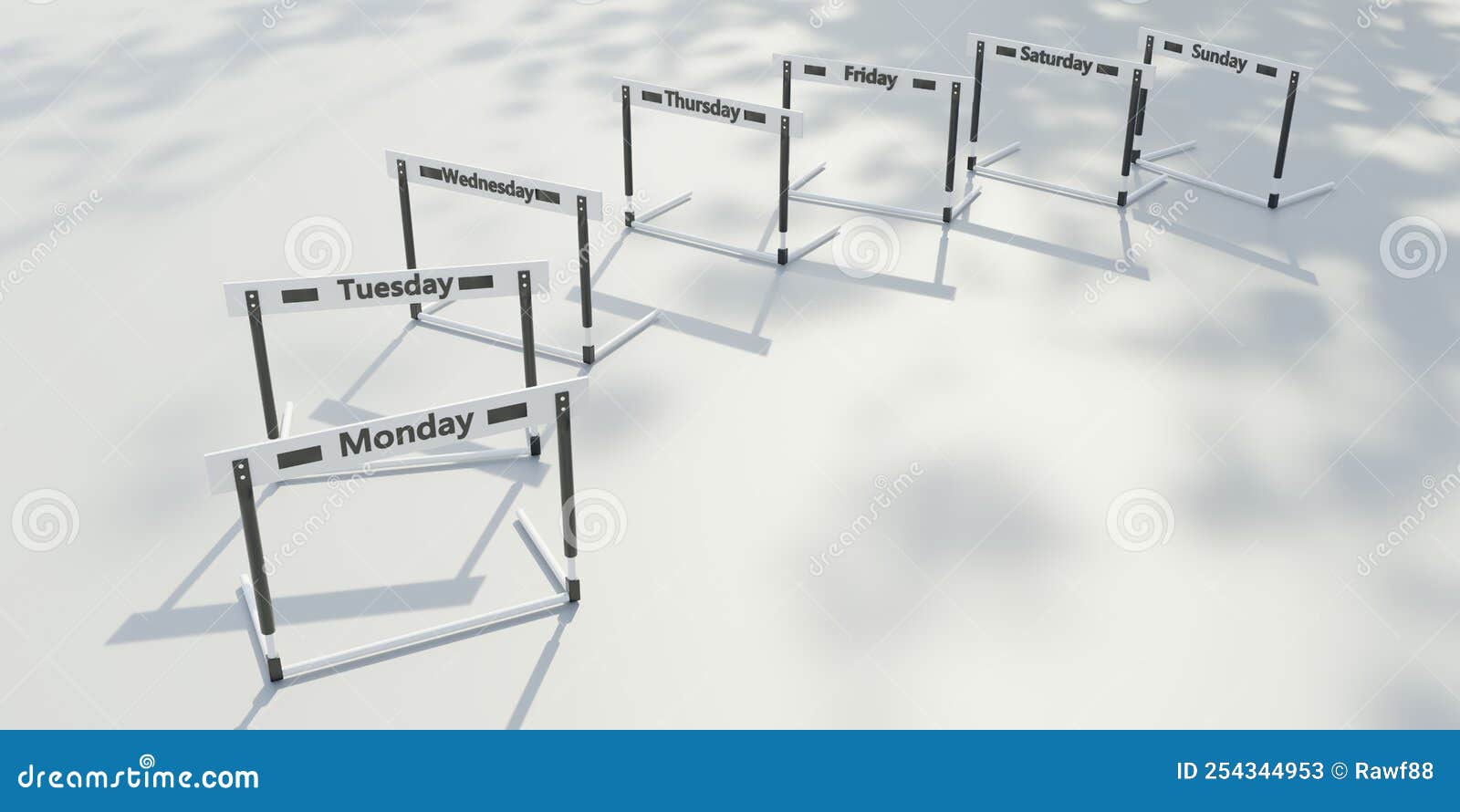 everyday hurdling. week day names on hurdles, above view