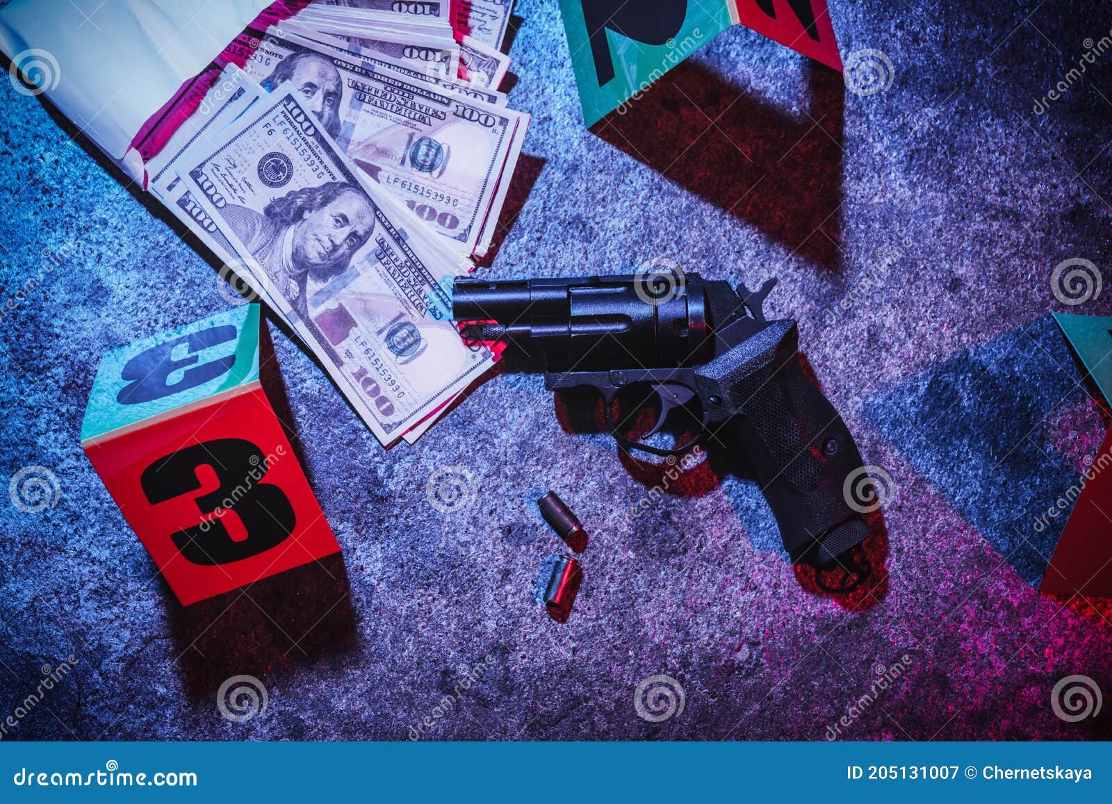 evidences and crime scene marker on stone background, toned in red and blue. flat lay