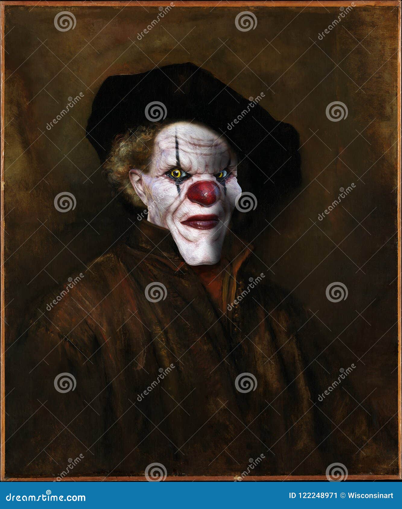 evil clown, rembrandt surreal oil painting