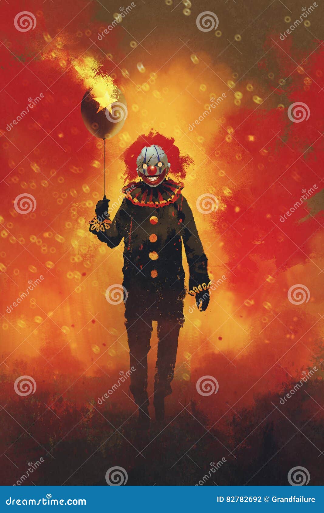 evil clown standing with a balloon on fire background