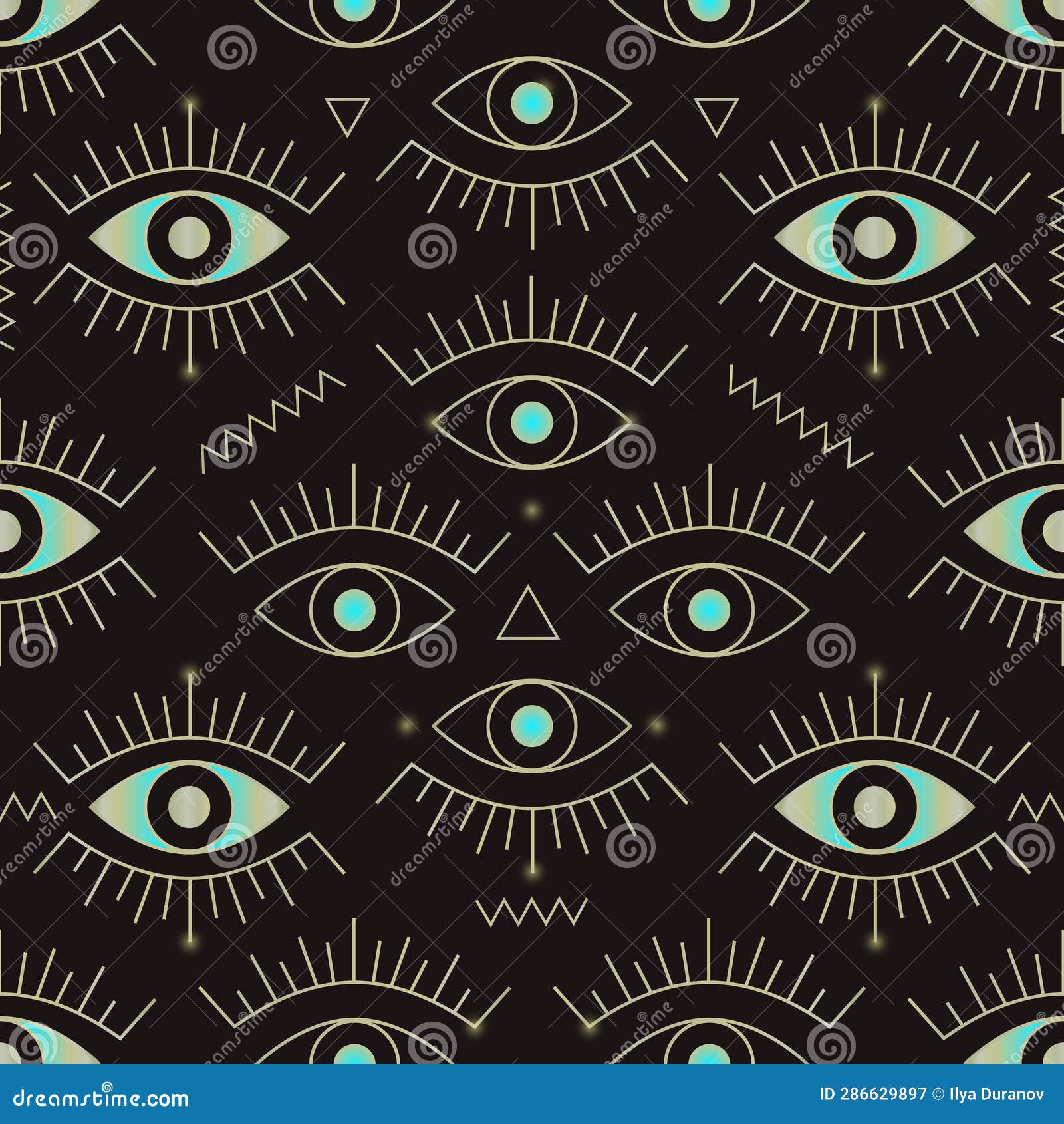 Evil Eyes and Zigzags on Black Background. Seamless Pattern with