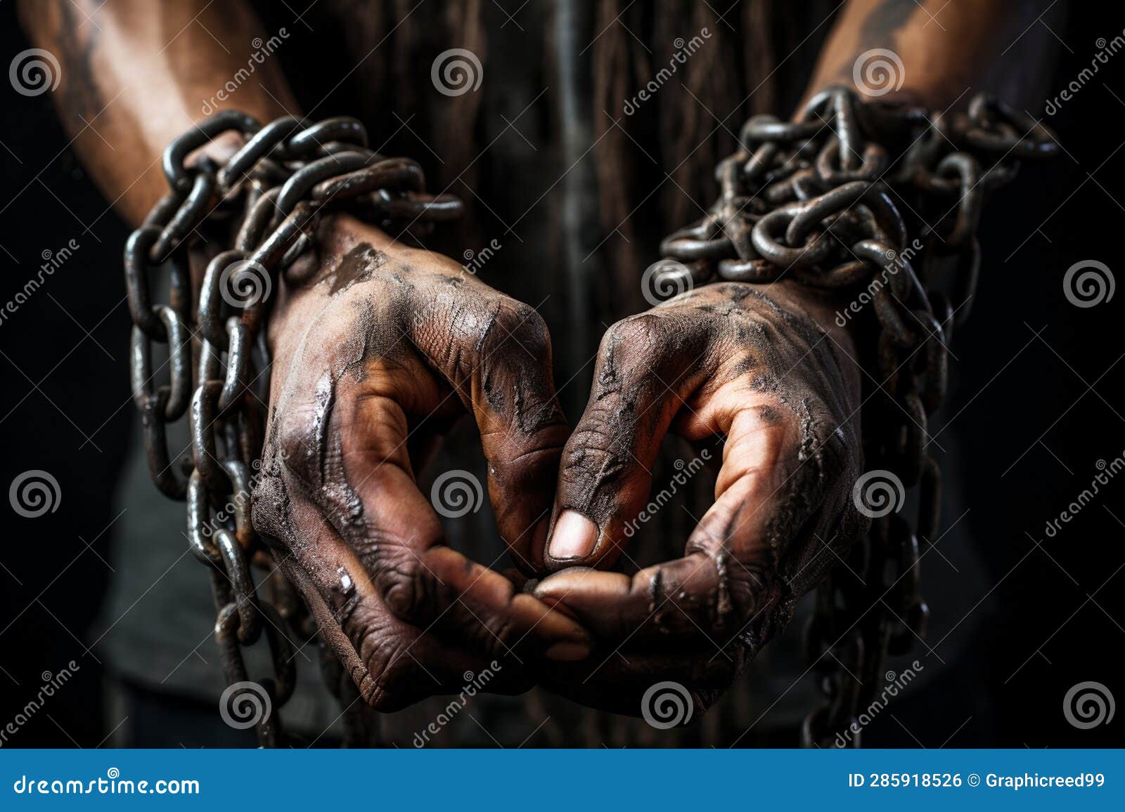 hands of man with chained hands on dark background, closeup ai generative