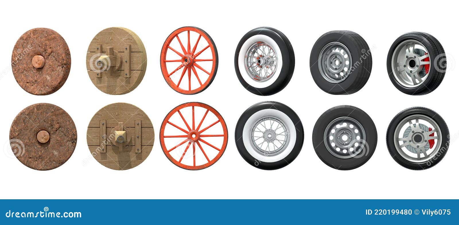 The Evolution of the Wheel, from a Primitive Stone Disk To a Car Alloy Wheel Stock Illustration 