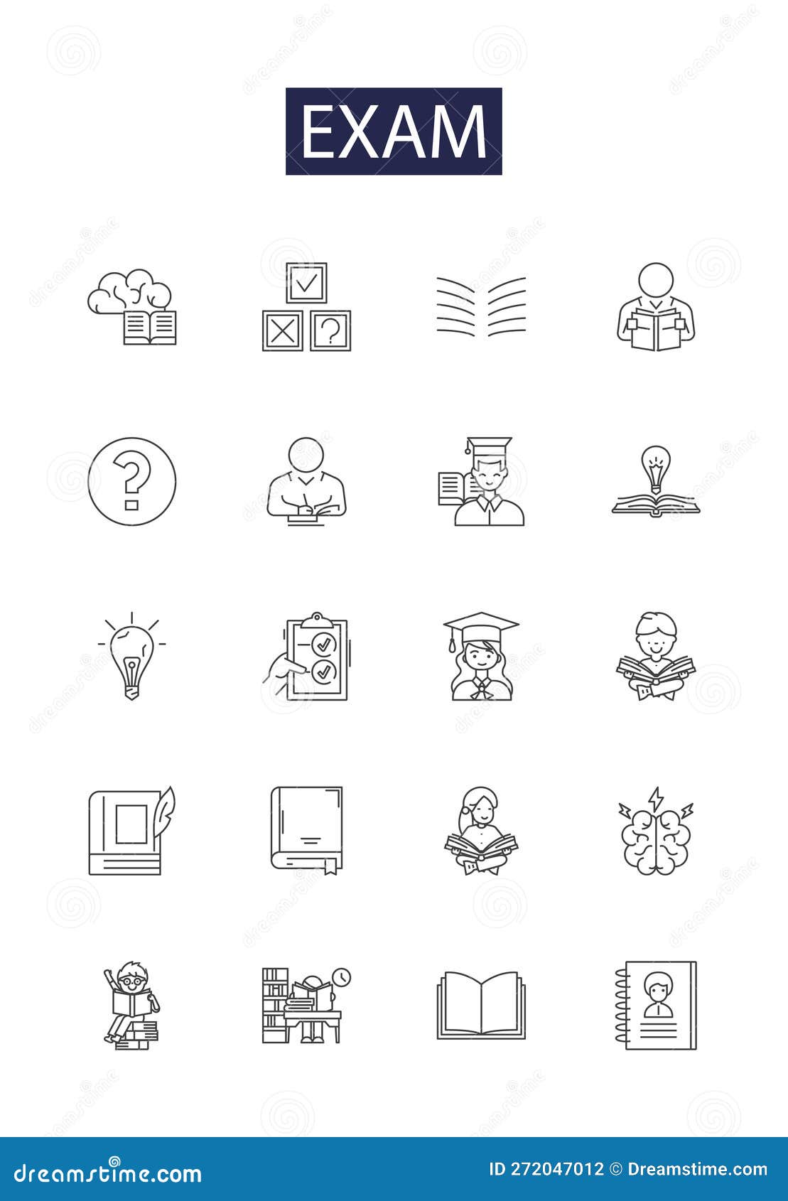 exam line  icons and signs. quiz, assessment, examen, end-of-term, evaluation, investigation, benchmark, probe