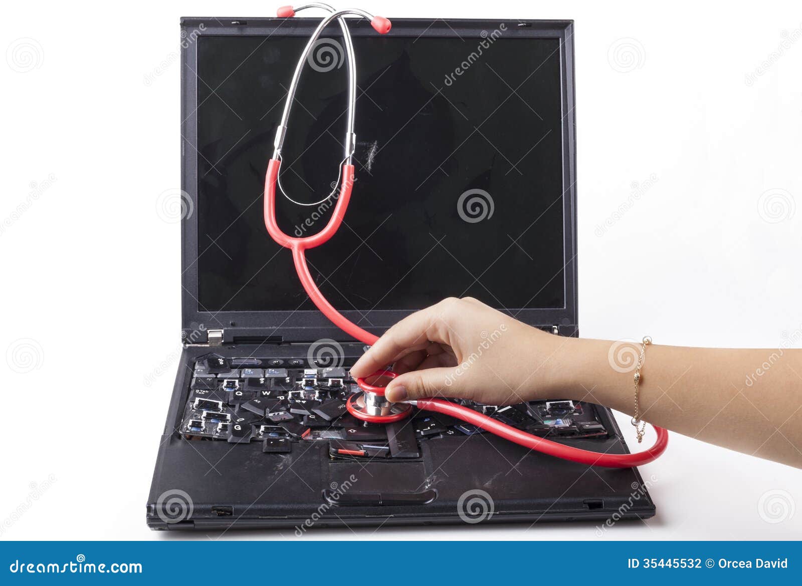 examining laptop