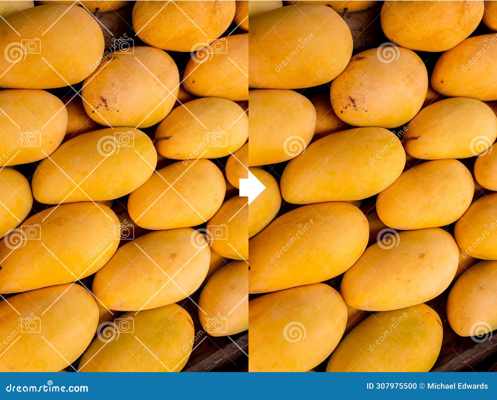 before and after example of ai copyright or watermark remover tool erasing watermarks from a photo of mangoes