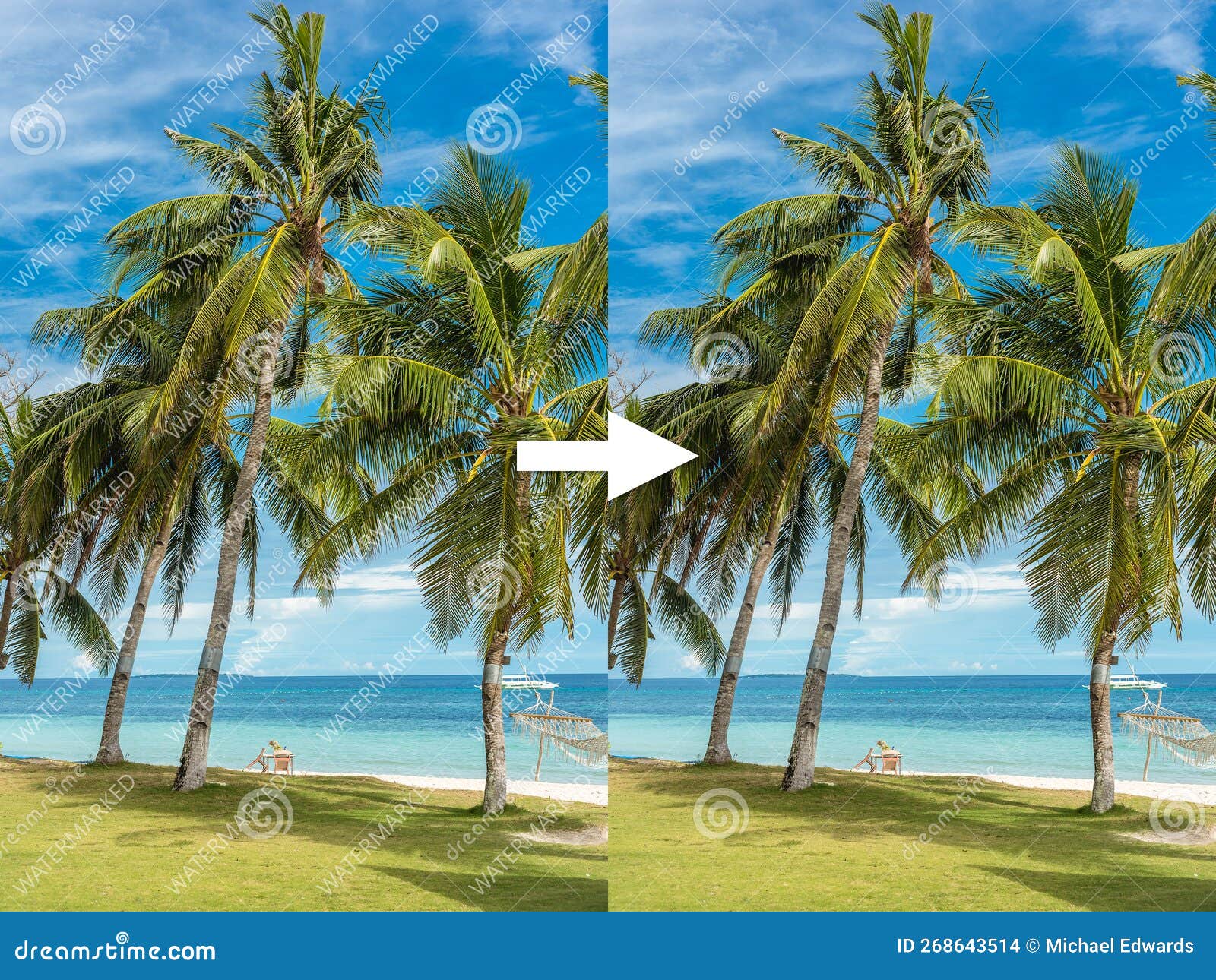 before and after example of ai watermark remover tool erasing watermarks from a photo of a beach