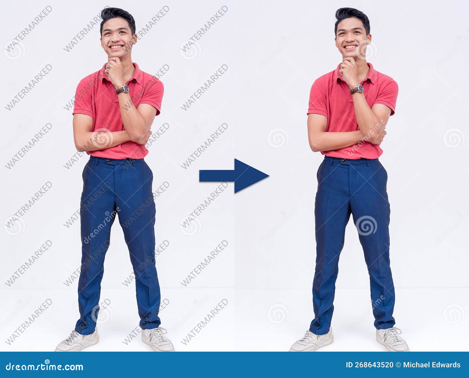 before and after example of ai watermark remover tool erasing watermarks from a photo of a man