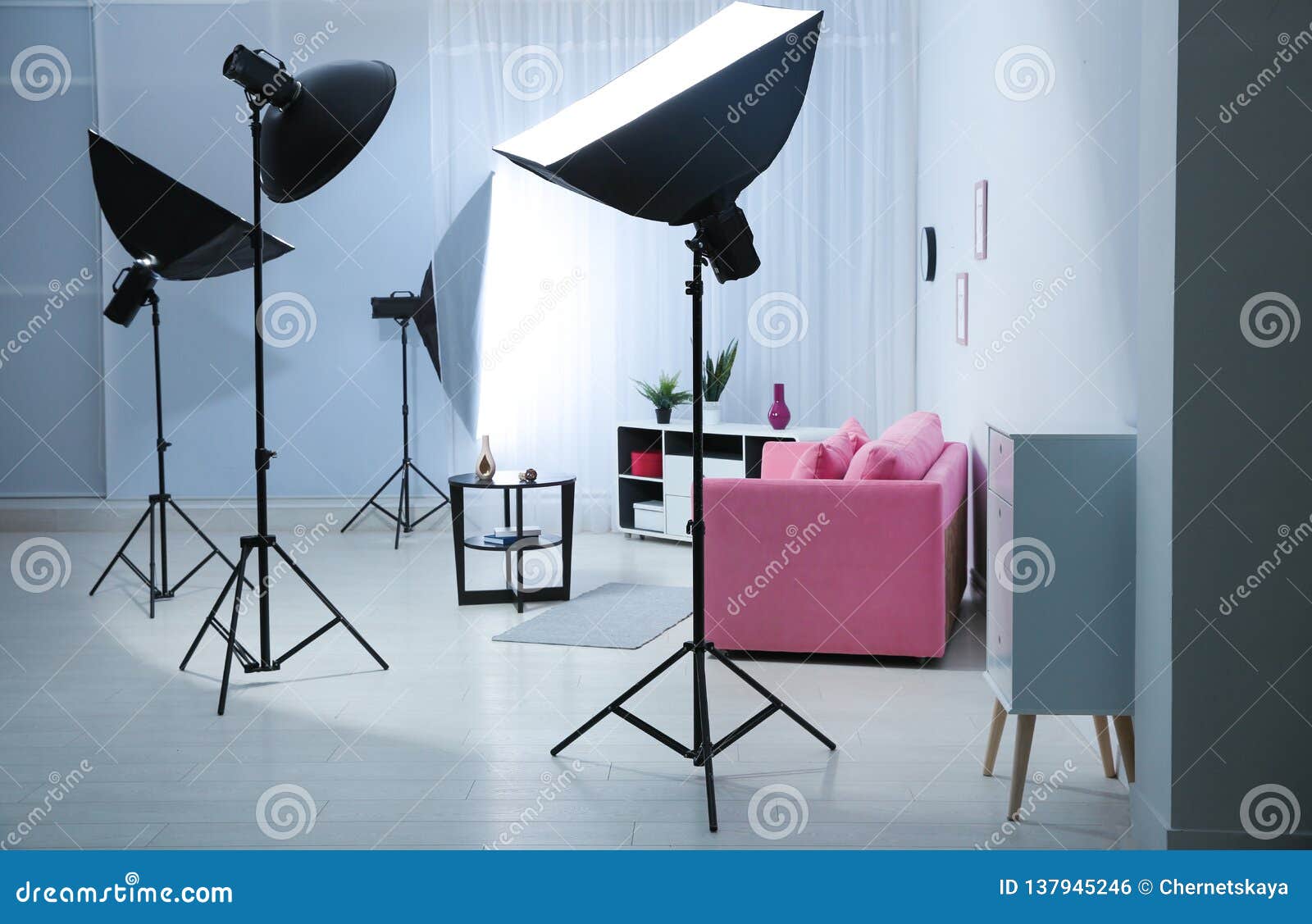 Example of Living Room Interior Design and Professional Equipment Stock