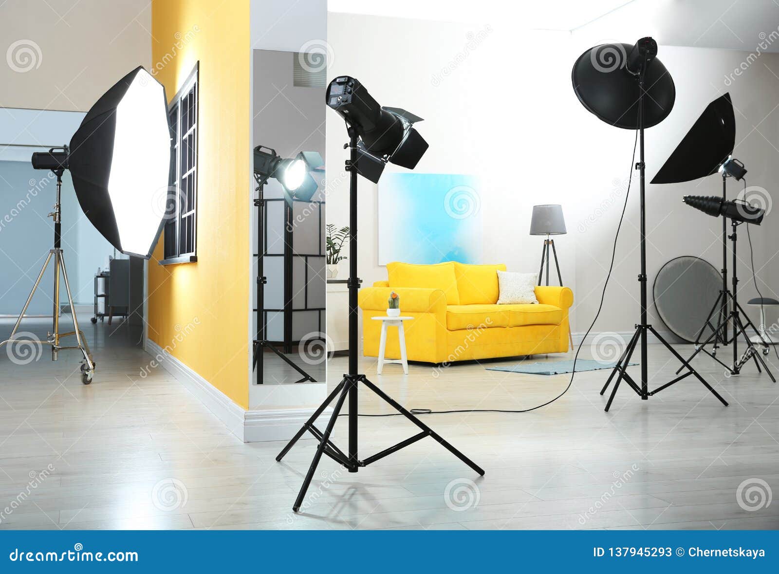 Example of Living Room Interior Design and Professional Equipment Stock