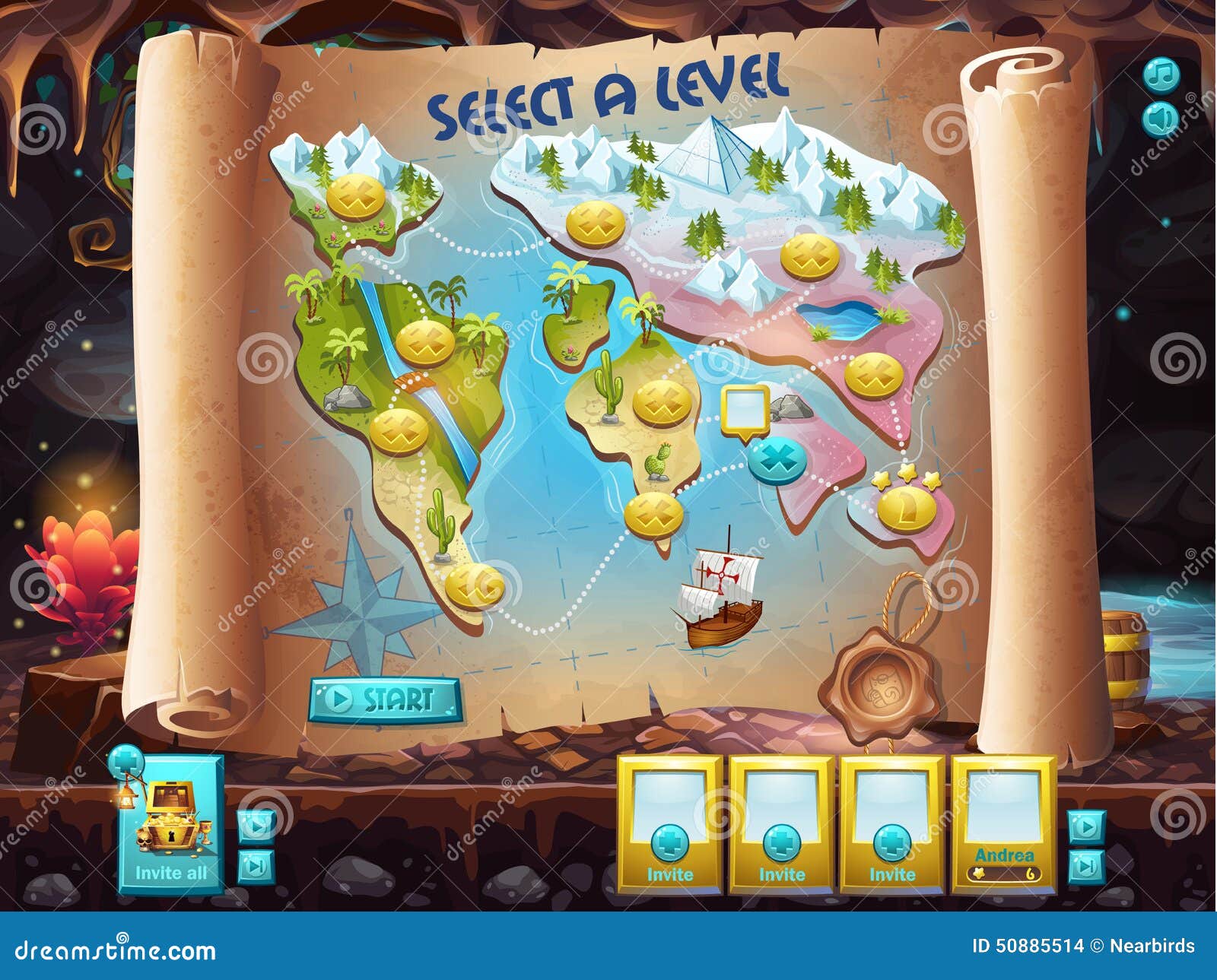 example of the user interface to select the level to play treasure hunt