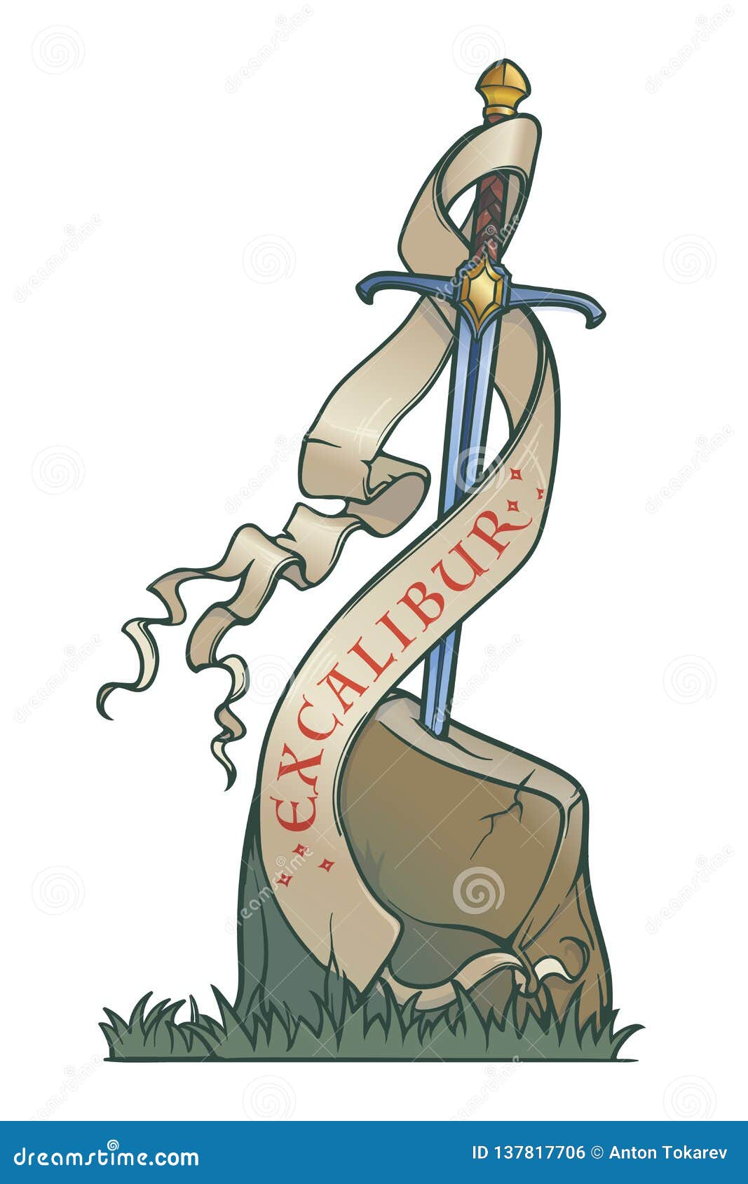 excalibur sword trapped in stone. decorative banner. iconic scene from the medieval european stories about king arthur.