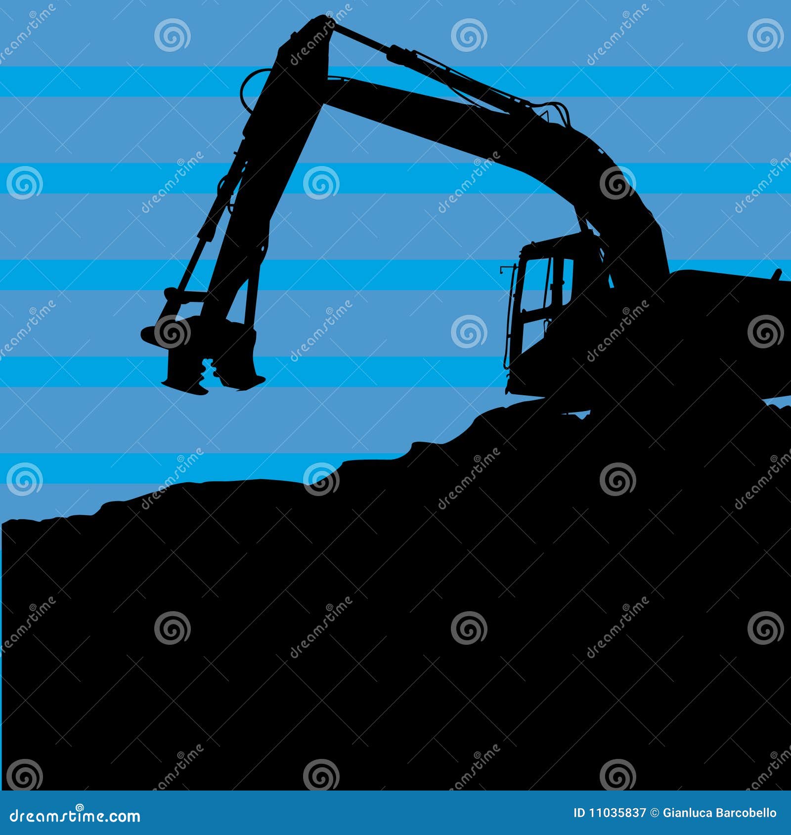 Excavador pesado encima en fondo azul en el trabajo