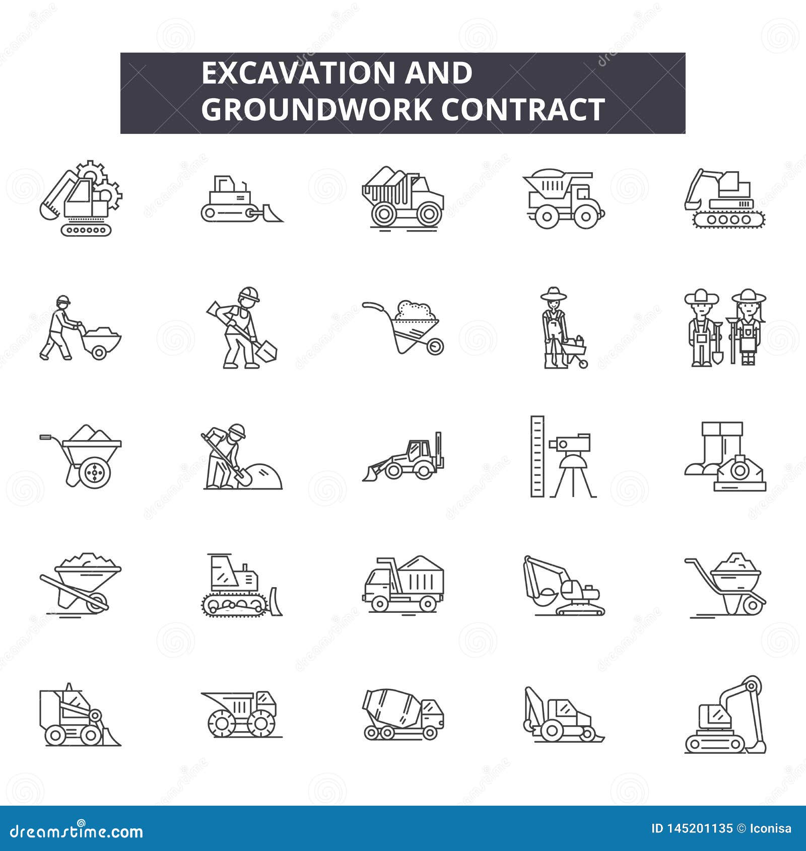excavation and grounwork line icons, signs,  set, outline  concept