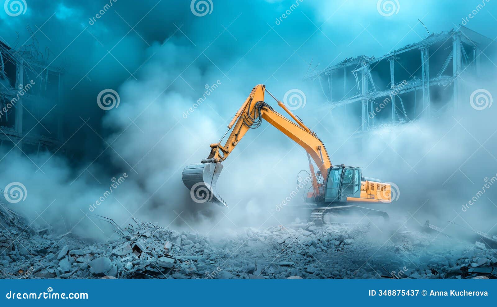 excavator demolishing buildings in a dust-filled site