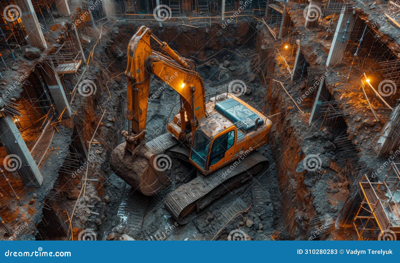 Excavator Digging the Basement of the Building Under Construction at