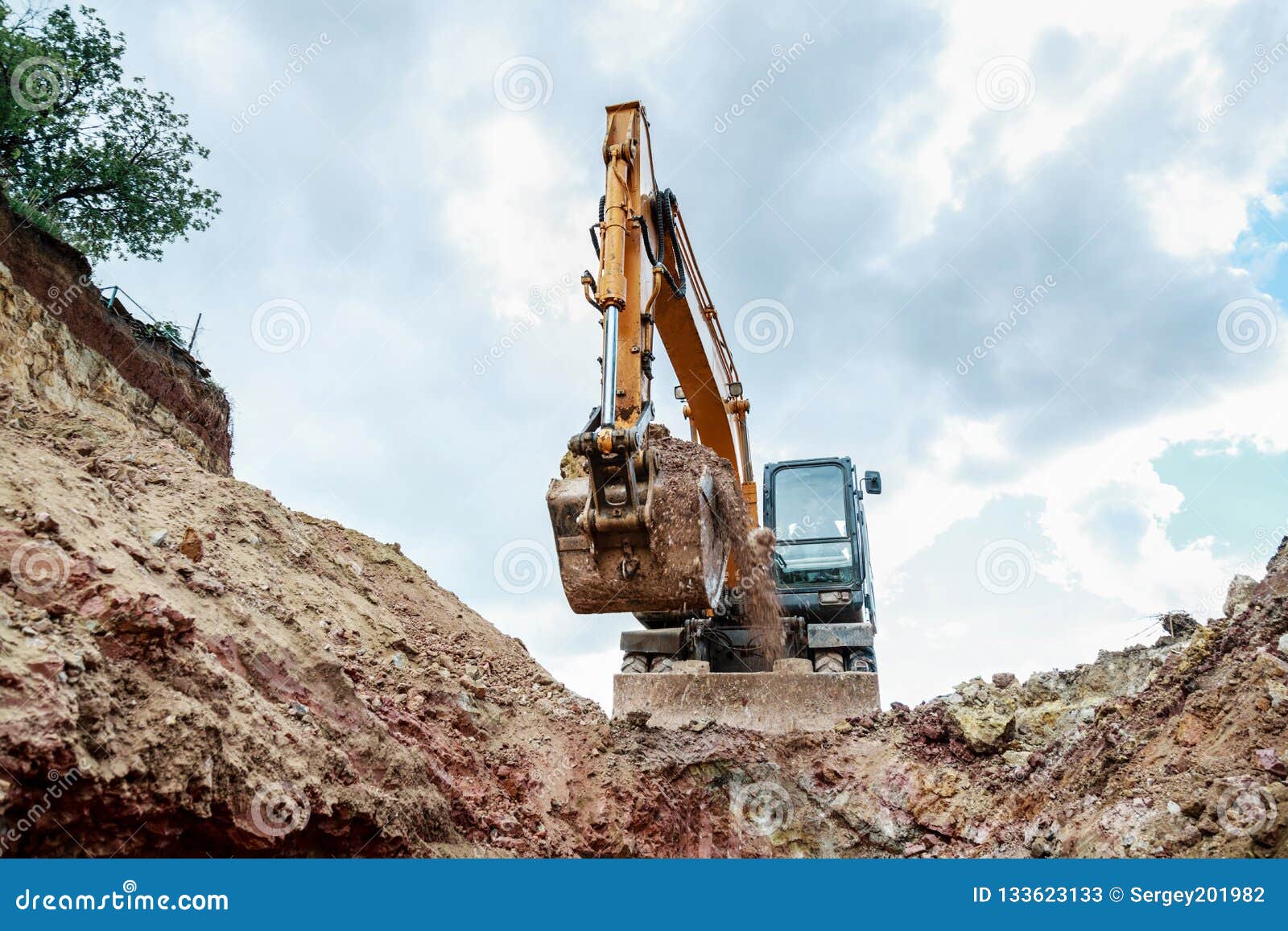 Excavator Digging a Trench for the Pipeline Stock Image Image of hole