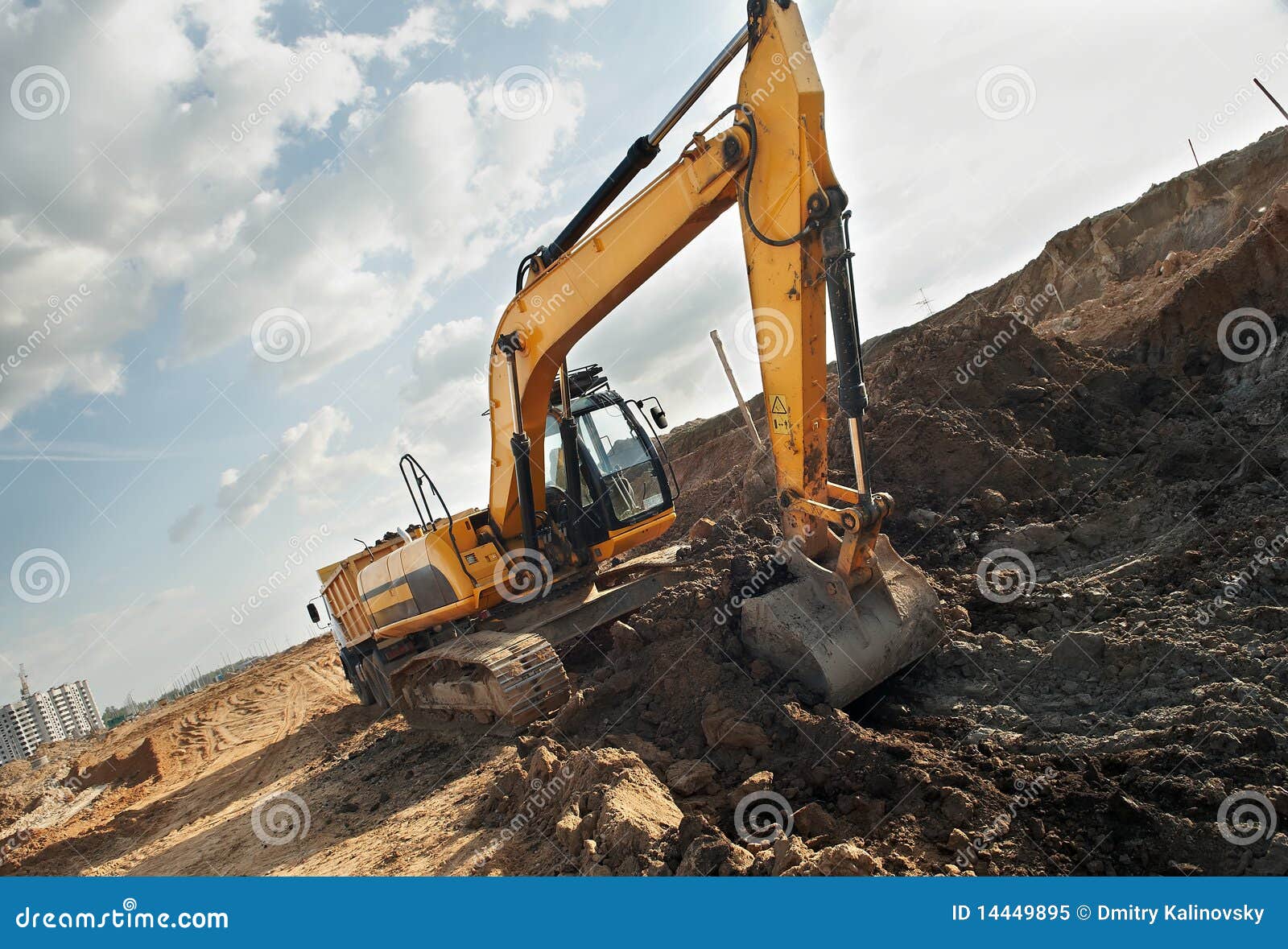 Excavator Loader Machine. Side View Of Front Hoe Loader. Industrial