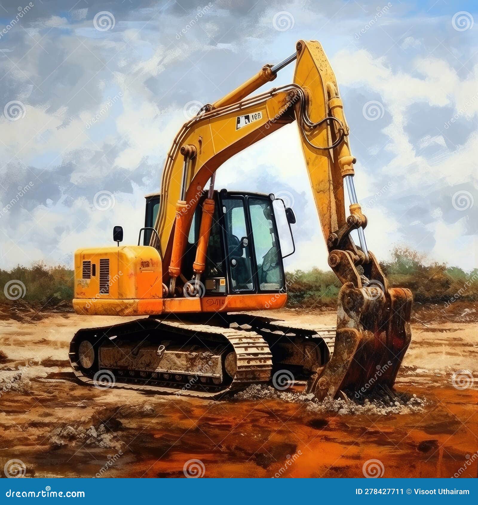 Excavator with Long Arm Ready for Work,backhoe,AI Generated Stock Image