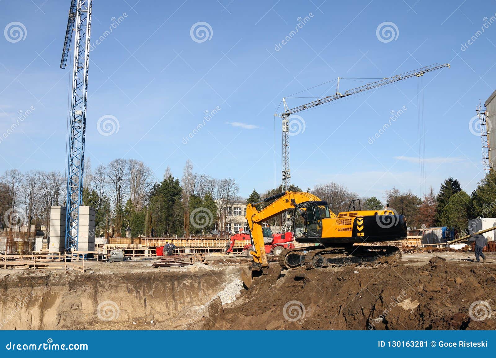Excavator Workers and Cranes Stock Image Image of business, bulldozer