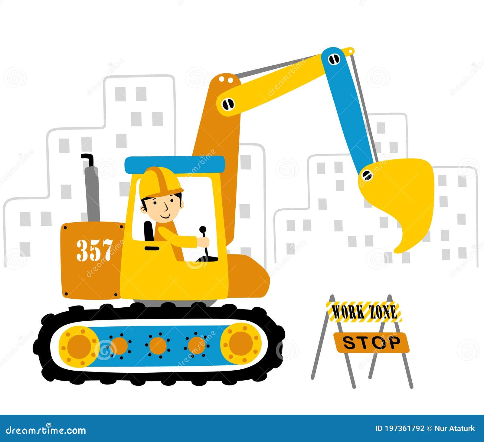 Cartoon of Excavator with Young Operator Stock Vector Illustration of city, equipment 197361792