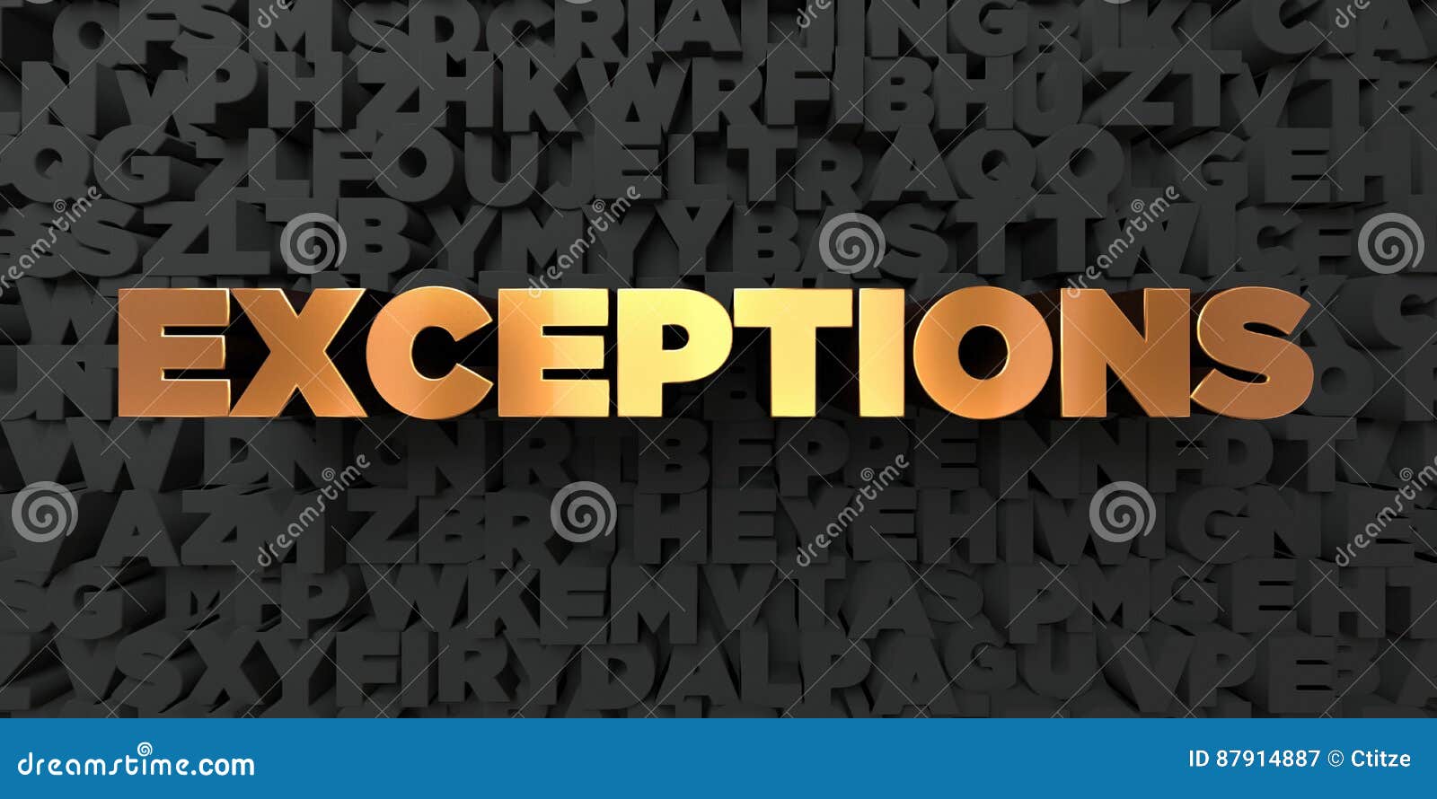 exceptions - gold text on black background - 3d rendered royalty free stock picture