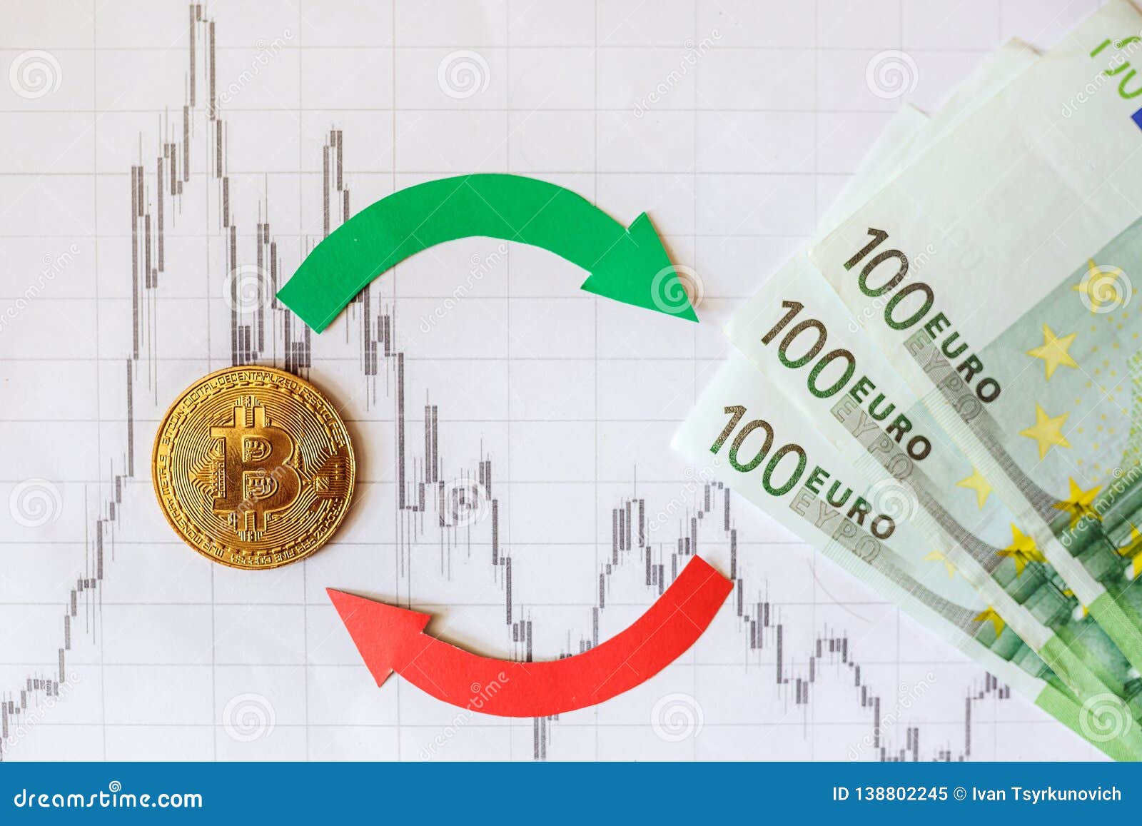 Exchange Of Virtual Money Bitcoin On Euro Bills. Red Green ...