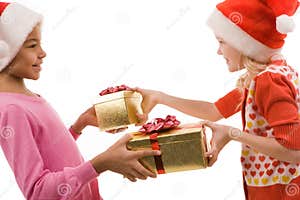 Exchanging Gifts Stock Photo Image Of Decorated Christmastime 12085916