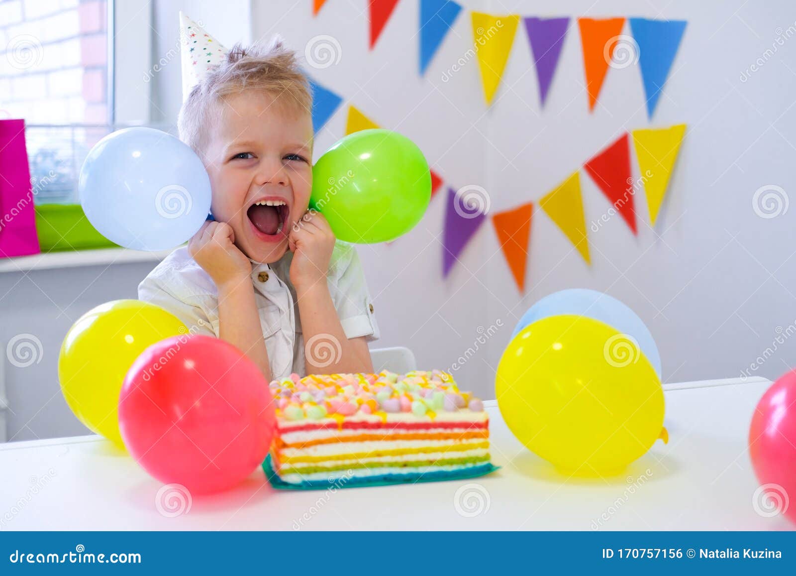 Excited Birthday Boy with Colorful Balloons Near Birthday Rainbow Cake.  Festivel Background Stock Photo - Image of kids, expression: 170757156