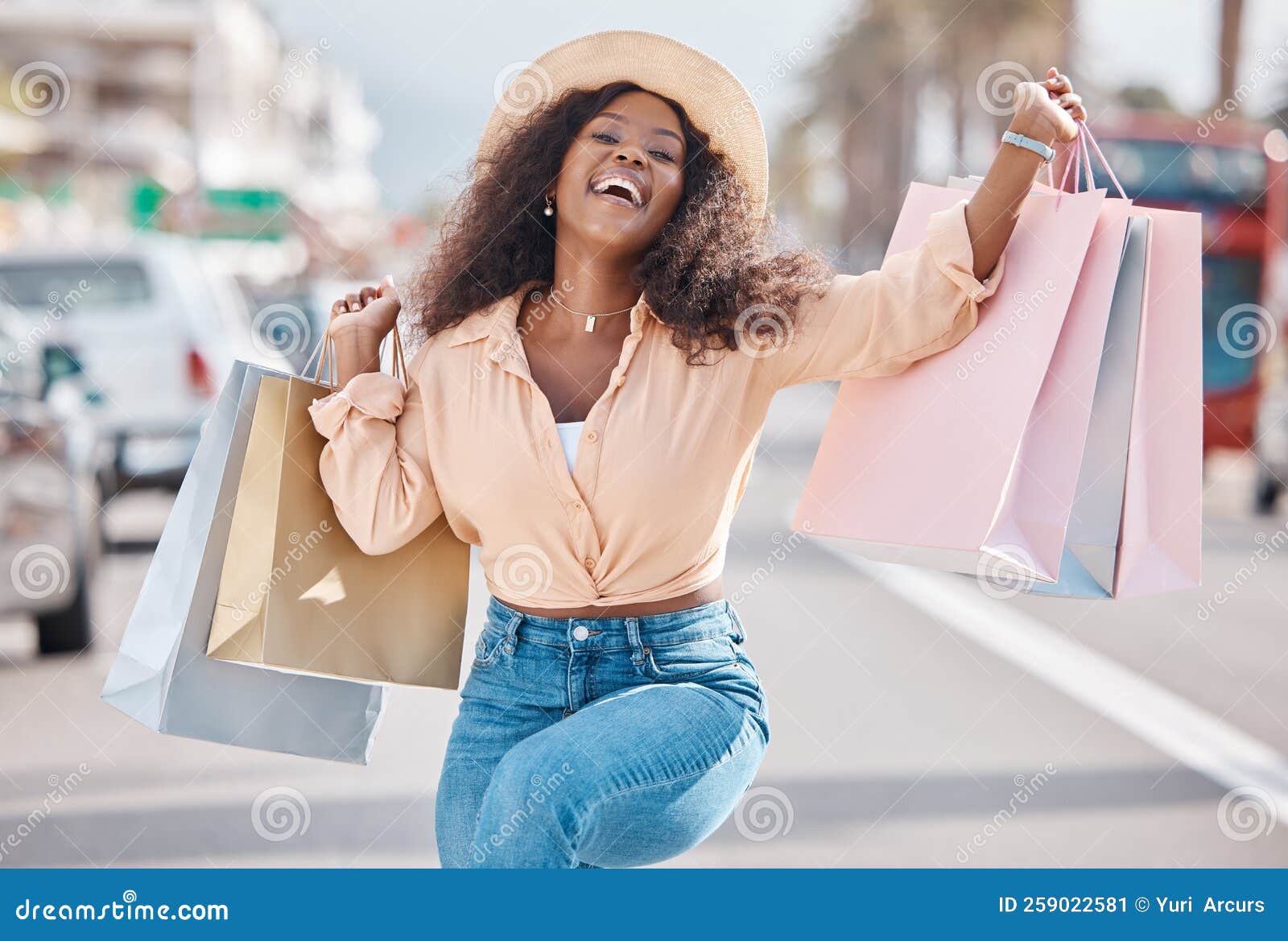 Excited Black Woman, Shopping Bag and Urban Customer Celebrate Sales ...