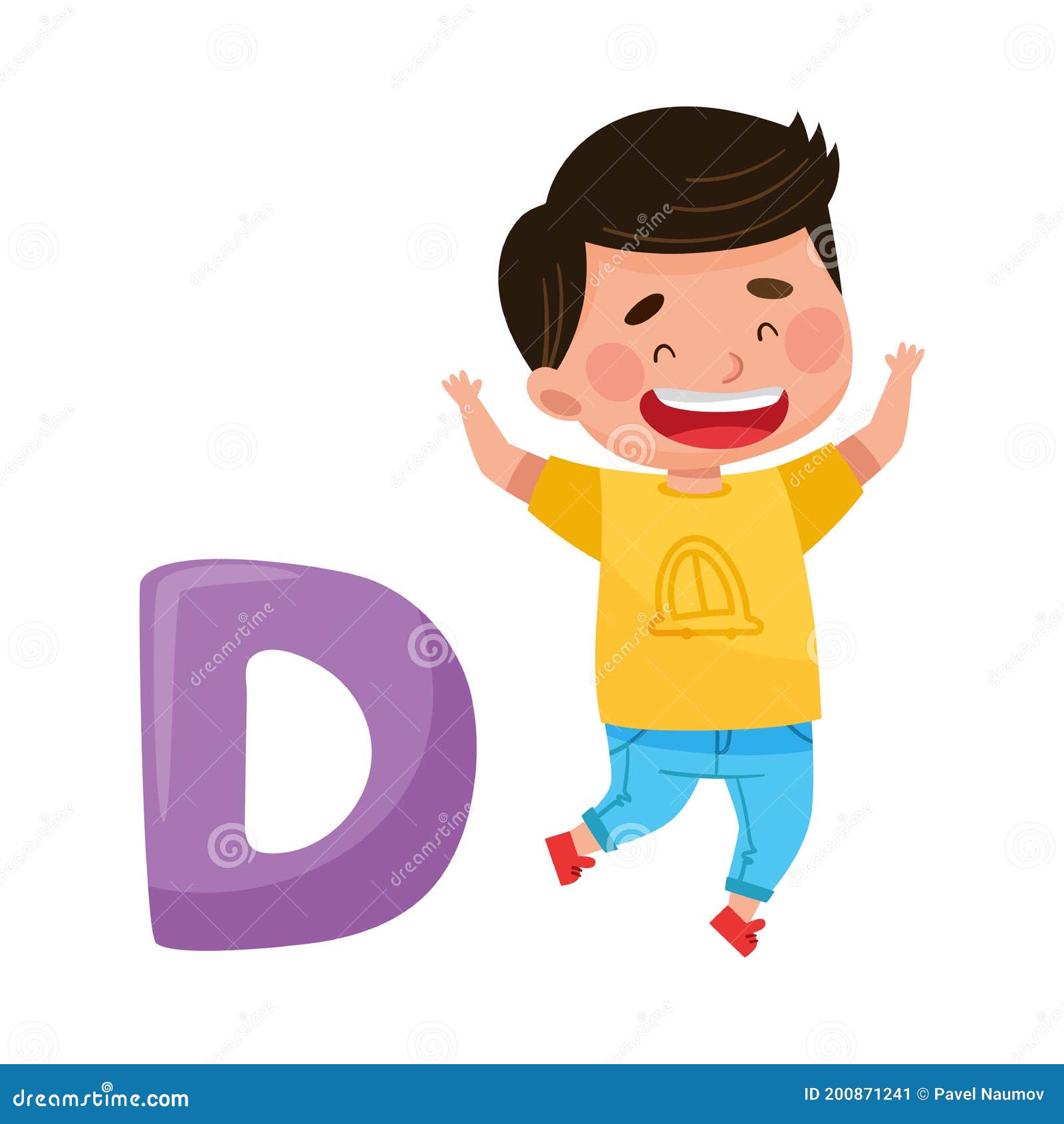 Excited Boy Jumping Near Big Alphabet Letter D Vector Illustration ...