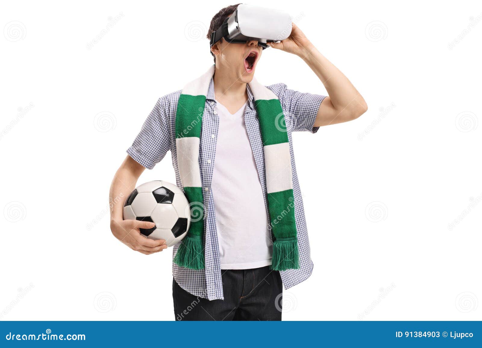 Excited Football Fan Using A VR Headset Stock Image Image of device