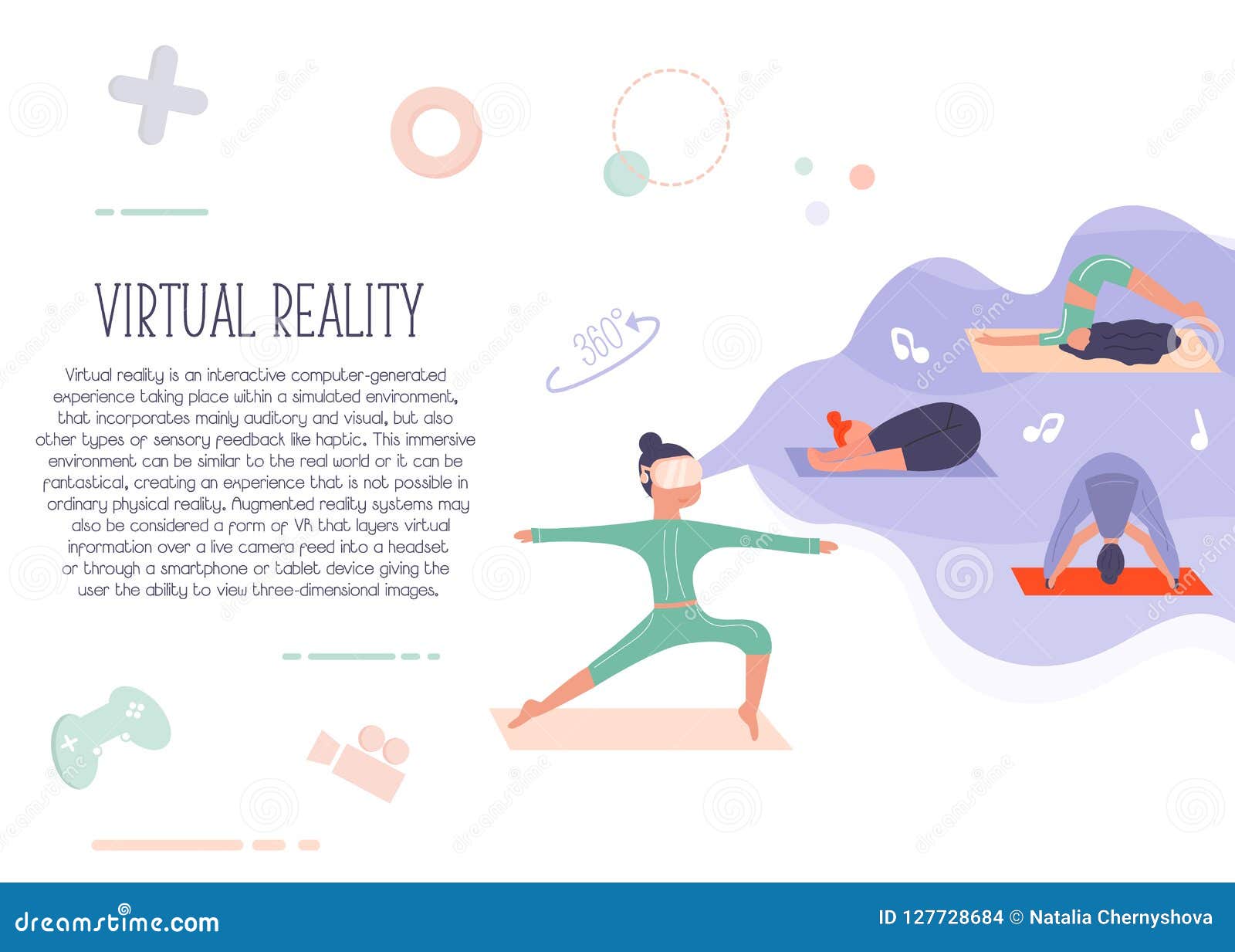 Excited Girl in Virtual Reality Doing Yoga. Stock Vector Illustration