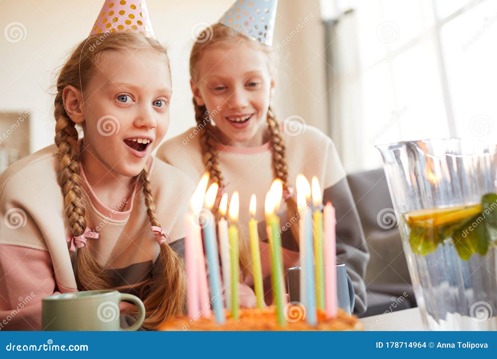 Excited Girls with Birthday Cake Stock Photo - Image of love, cake ...