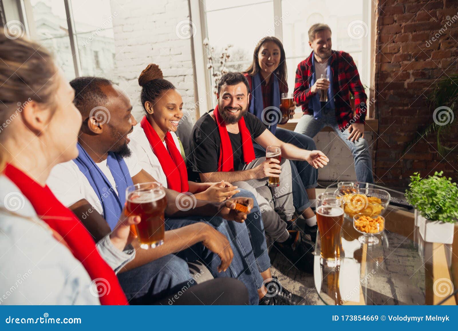 Excited Group Of People Watching Football Sport Match At Home Stock Image Image Of Multiethnic Emotion