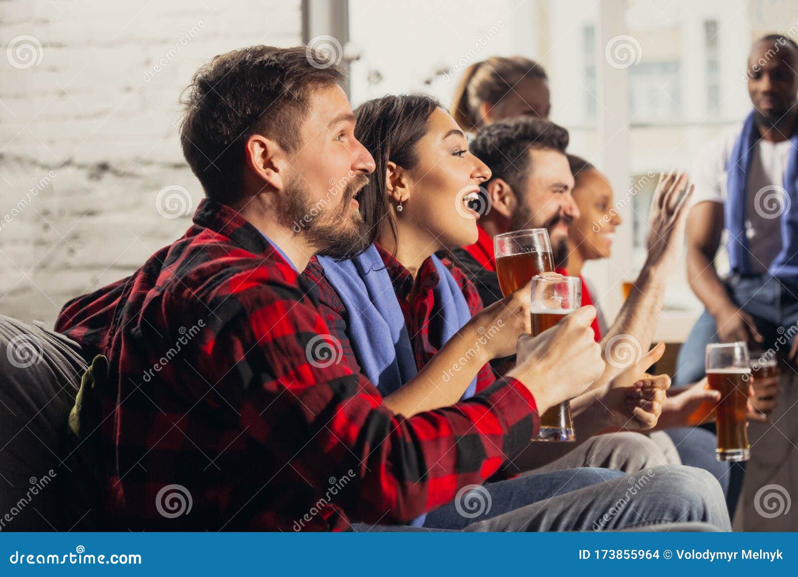 Excited Group Of People Watching Football Sport Match At Home Stock Photo Image Of Football Horizontal