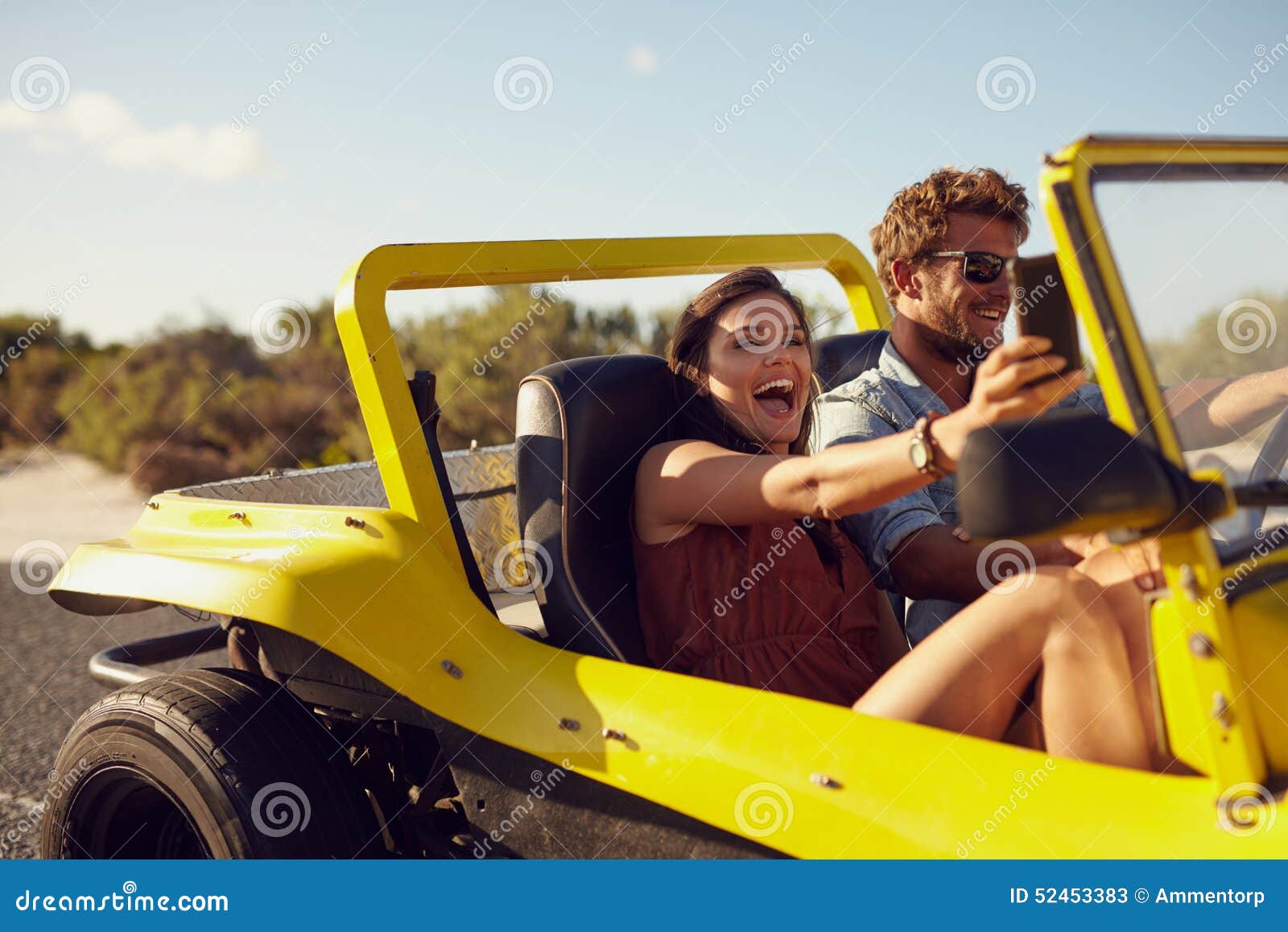 Excited Happy Couple Enjoying On A Road Trip Stock Photo ...