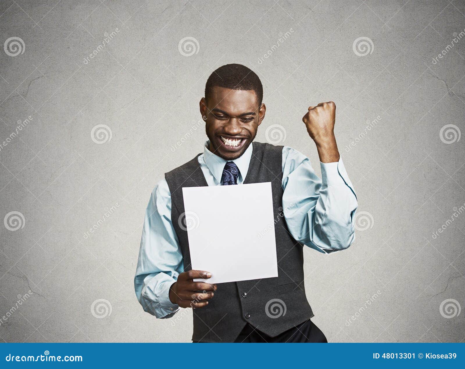 excited happy man holding document, receiving goood news