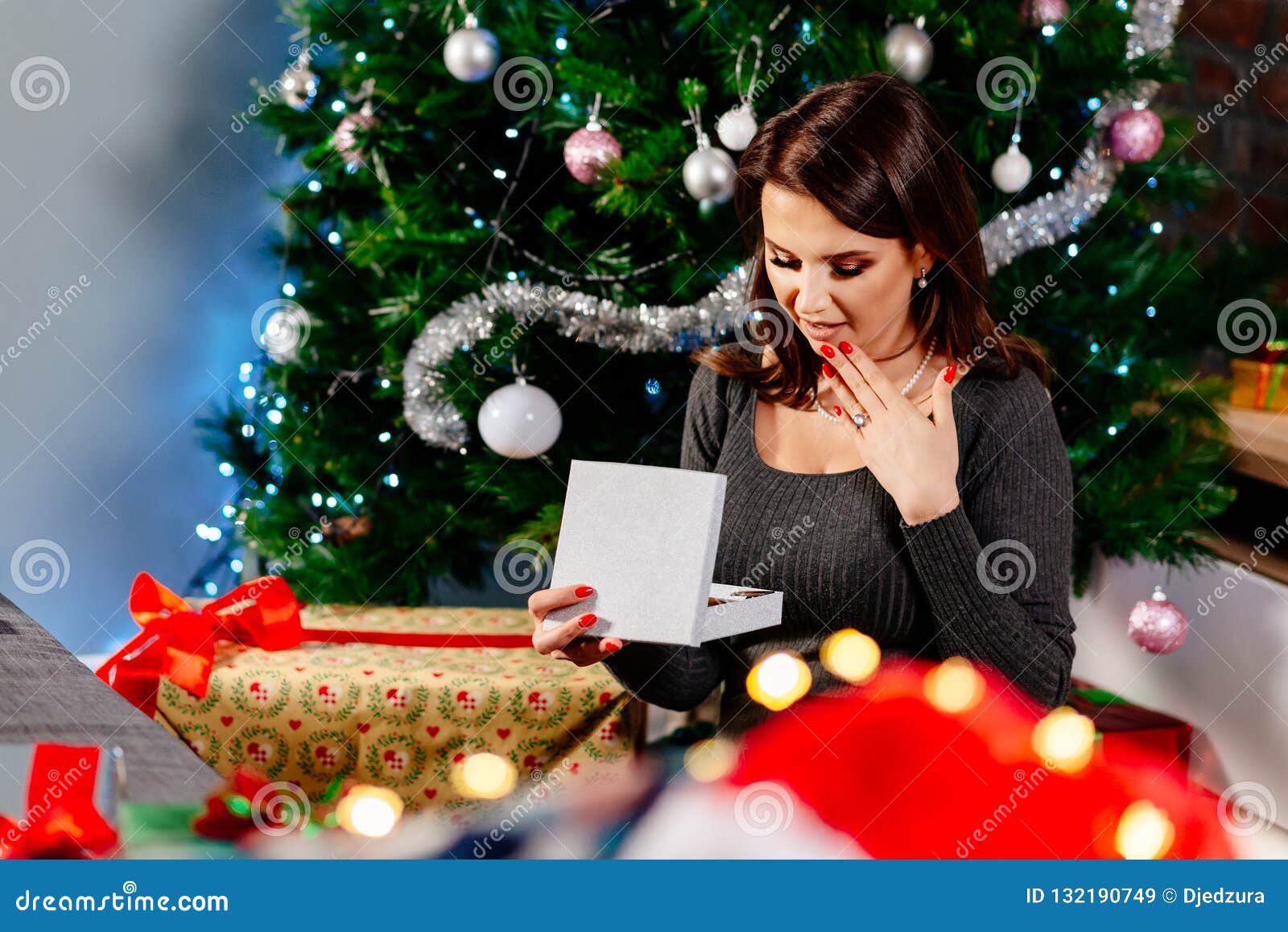 Excited Happy Woman Opening Gift Box With Jewelry Stock ...