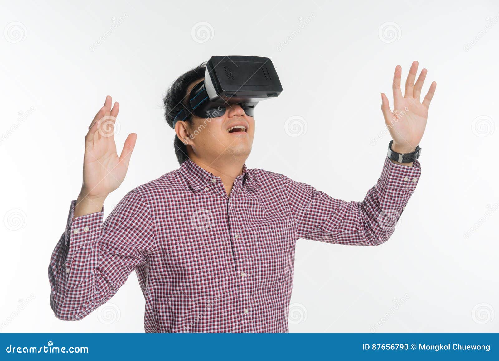 excited man experiencing virtual reality via vr headset