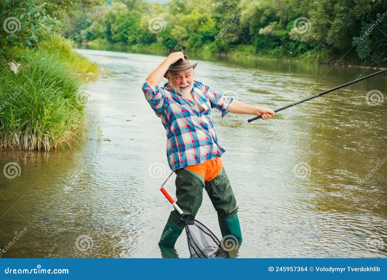 Excited Senior Man Fisherman with Fishing Rod, Spinning Reel on River. Old  Man Catching Fish, Pulling Rod while Fishing Stock Photo - Image of people,  fishermen: 245957364