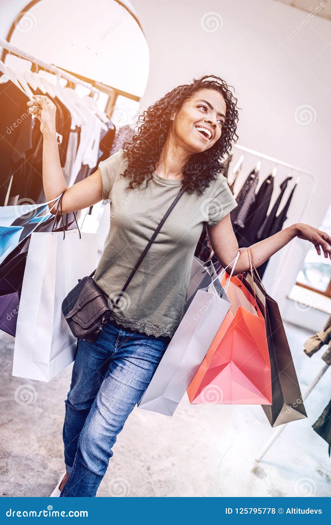 Laughing Black Woman with Shopping Bags Stock Photo - Image of ethnic ...