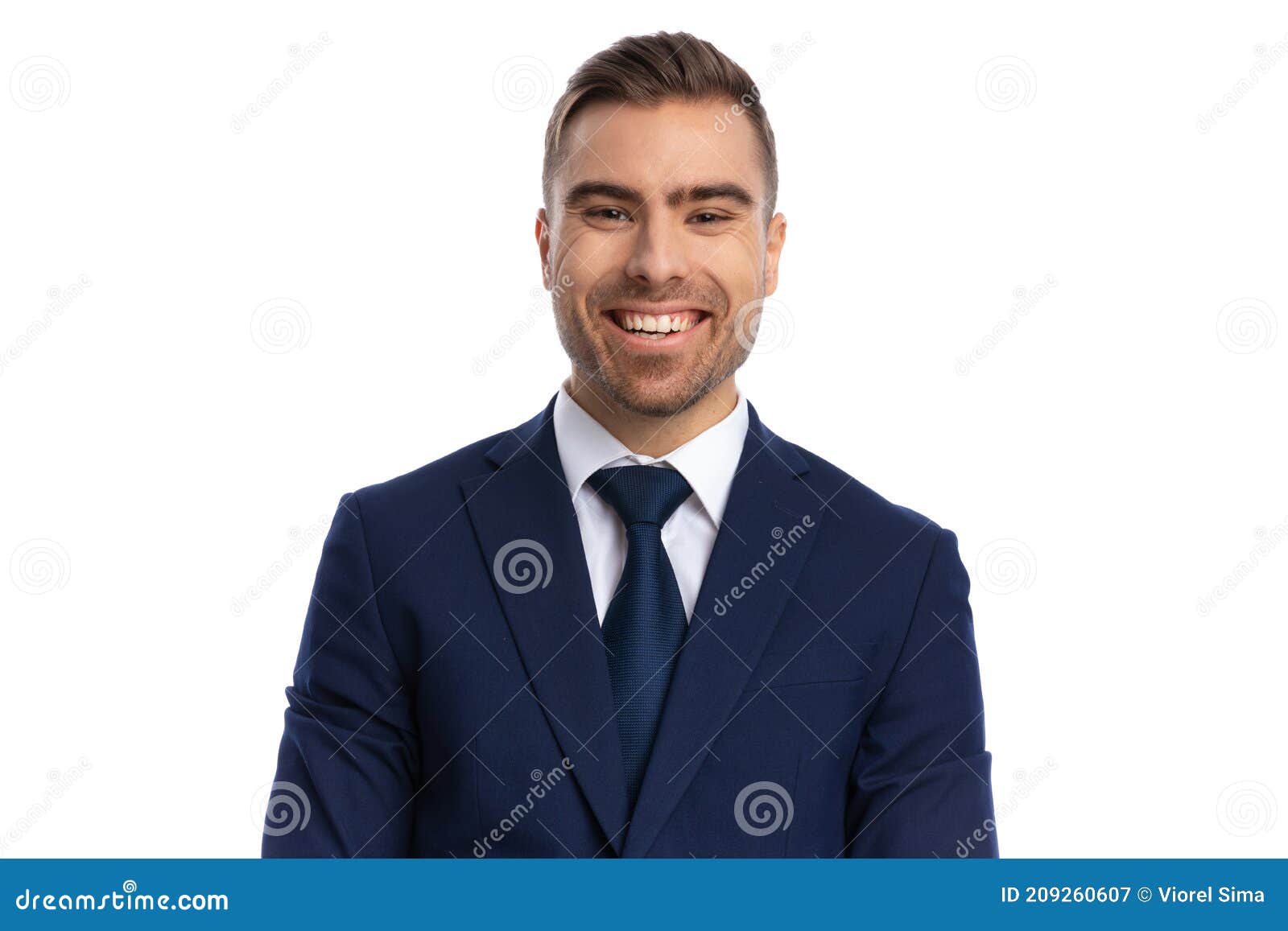 Excited Young Man in Navy Blue Suit Laughing Stock Image Image of