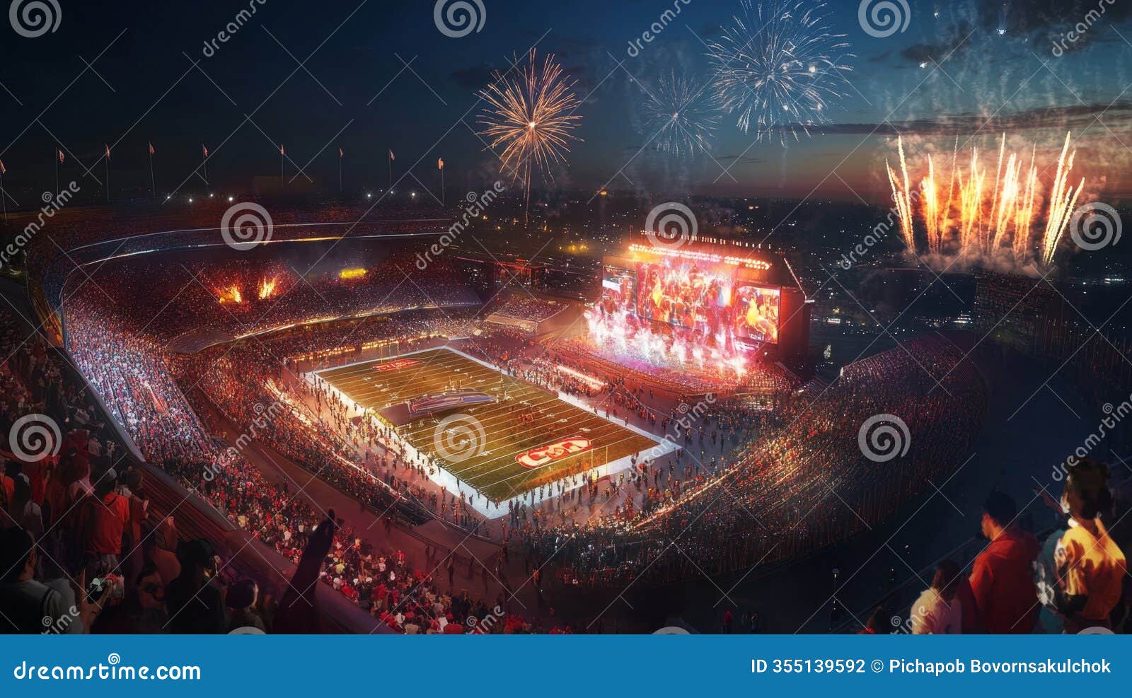 exciting halftime entertainment at a large stadium with fireworks