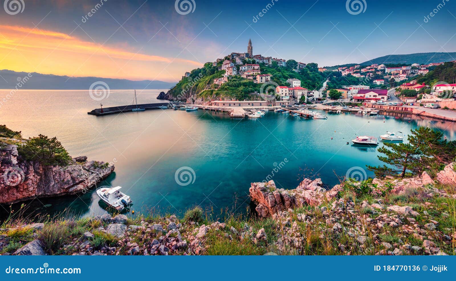exciting morning cityscape of vrbnik town. colorful summer seascape of adriatic sea, krk island, kvarner bay archipelago, croatia