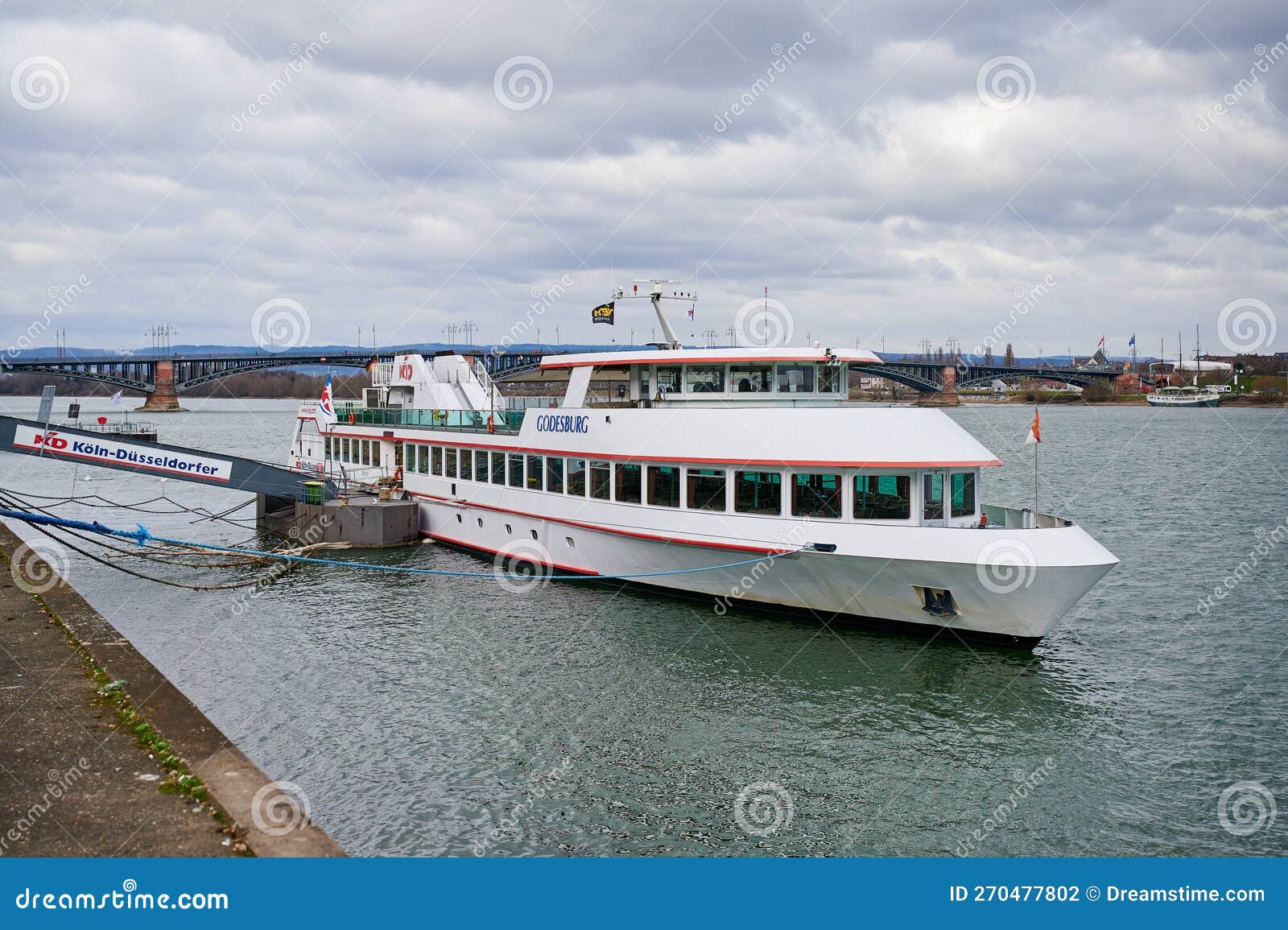 Excursion Vessel Godesburg at the Pier in Mainz, Germany Editorial