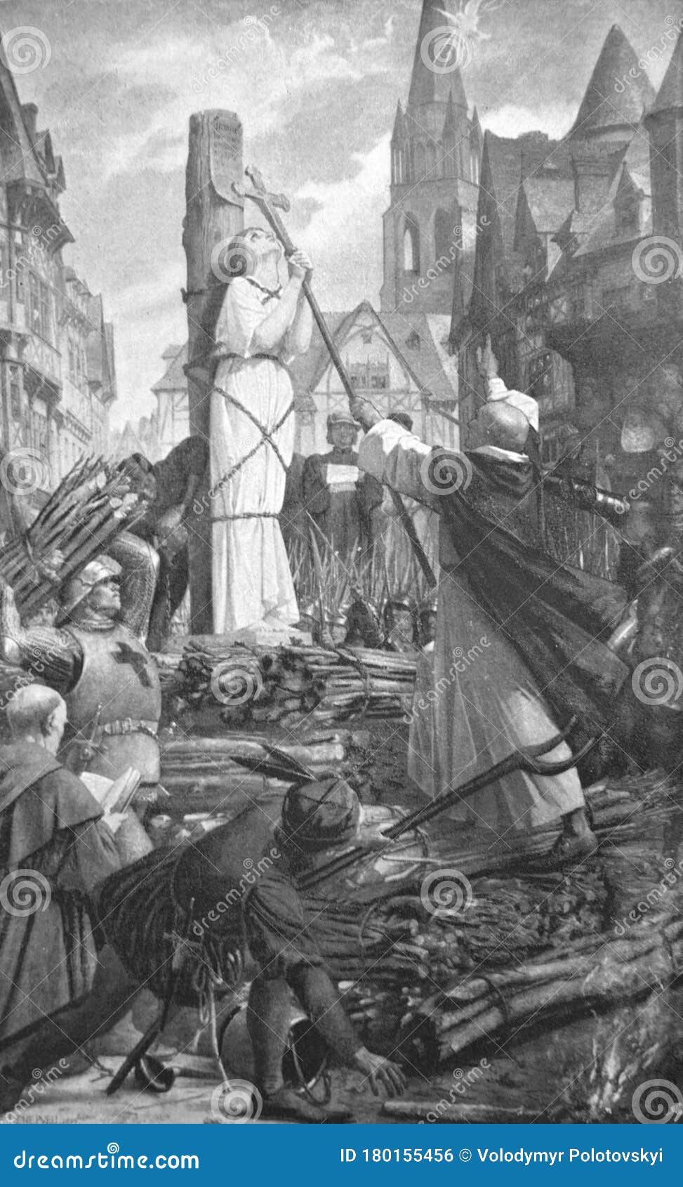 execution of joan of arc, a heroine of france in the old book from the world history, by m.n. petrov, 1896, st. petersburg