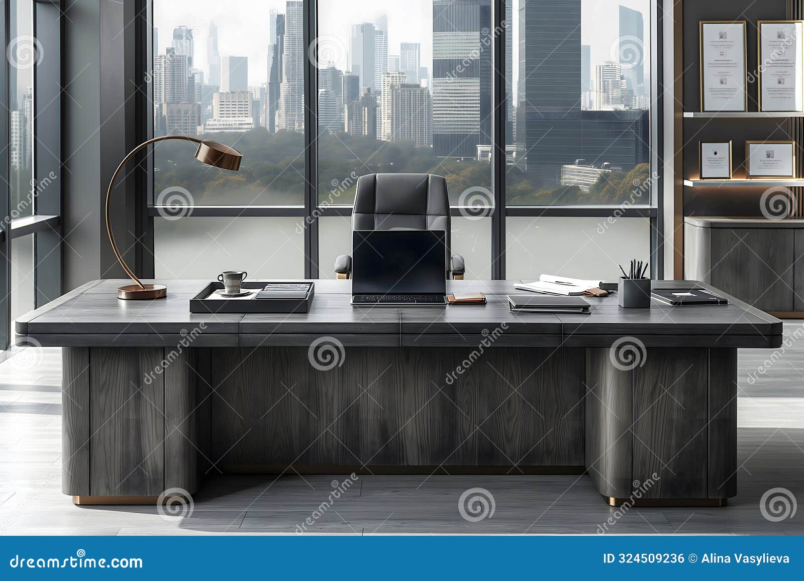 executive ceo's office of a director or head of corporation company workspace wooden desk with a high-end laptop