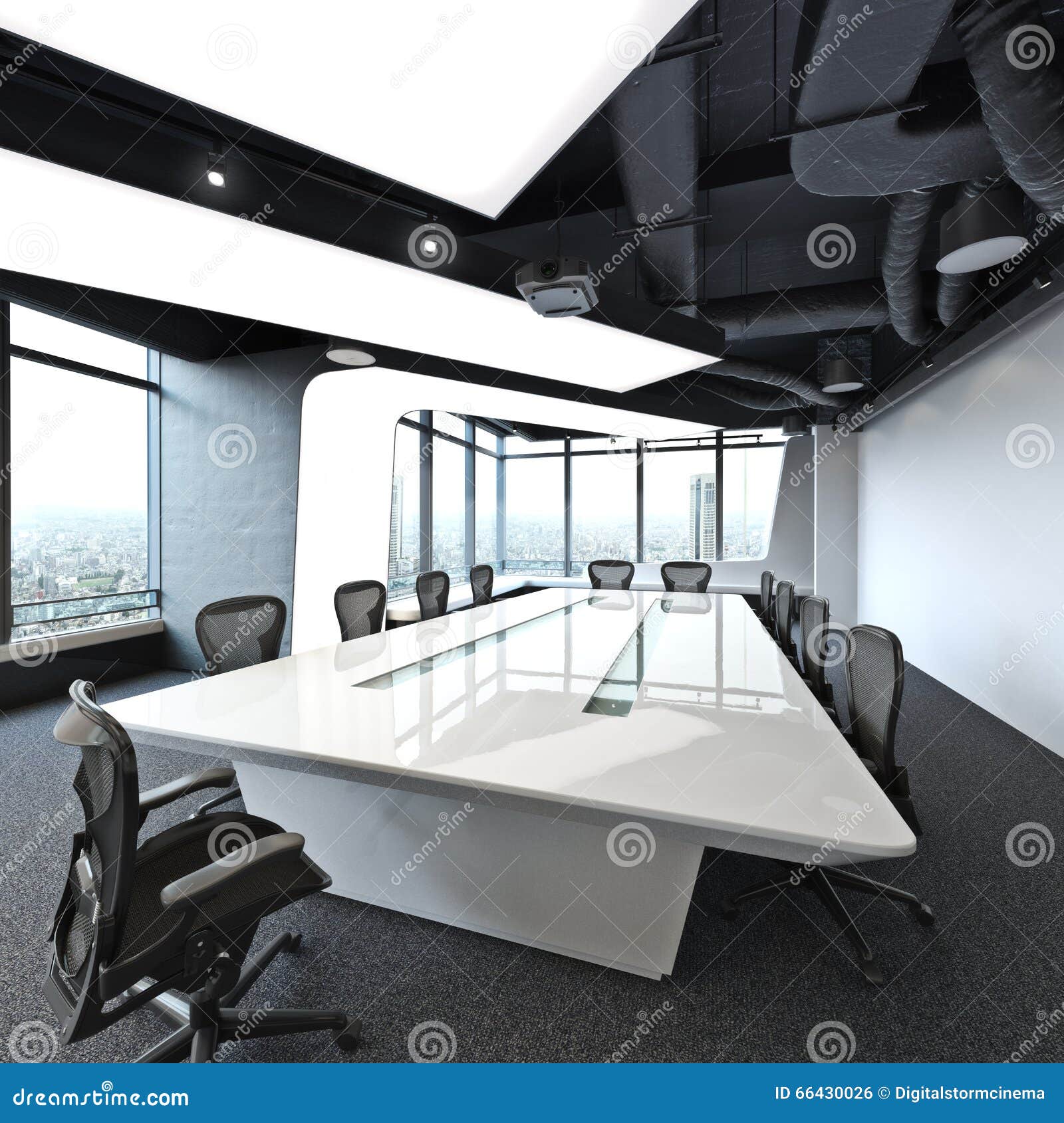 executive high rise modern empty business office conference room overlooking a city.