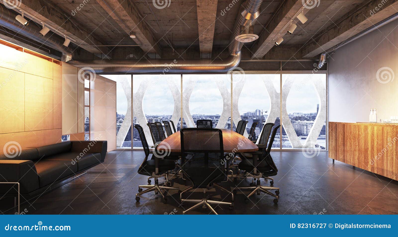 executive modern empty business high rise office conference room overlooking a city with industrial accents